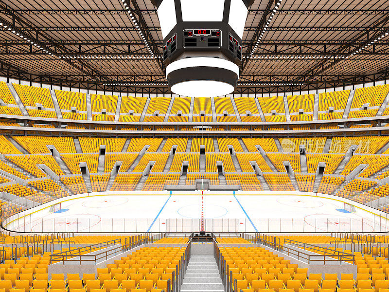 美丽的冰球运动场地与黄色座位VIP包厢和泛光灯为5万球迷- 3D渲染